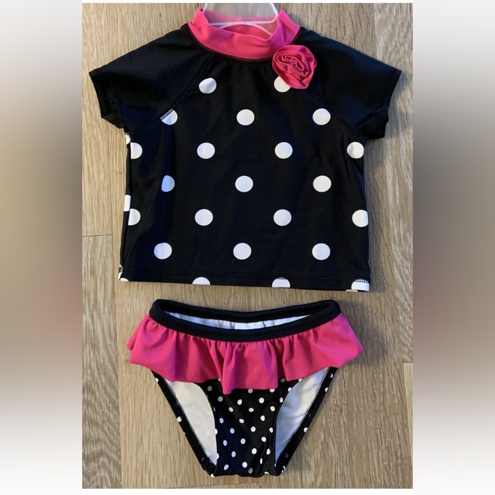 Circo Girls Size 18 Months Black Polka Dot Tankini With Bright Pink Ruffle